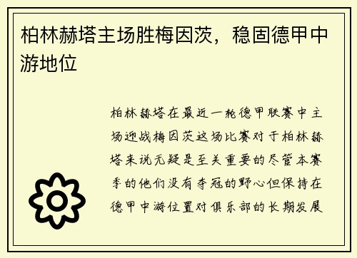 柏林赫塔主场胜梅因茨，稳固德甲中游地位