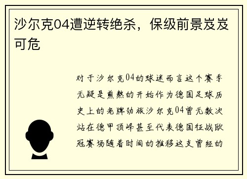 沙尔克04遭逆转绝杀，保级前景岌岌可危